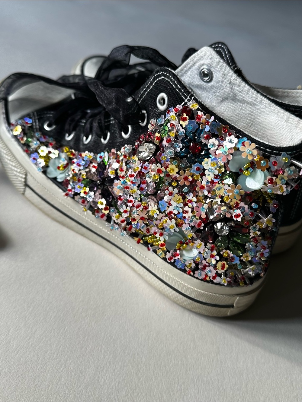 Free People x NAN-KU Couture Black High Top Sneakers Embellished Beaded Floral